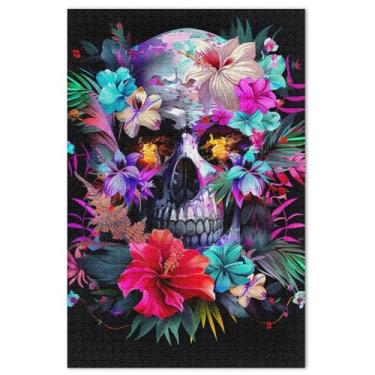 Imagem de Quebra-cabeça crânio com flores coloridas 1000 peças para adultos decoração de casa quebra-cabeça arte cena outono família quebra-cabeças presentes