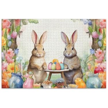 Imagem de Quebra-cabeça floral de coelhos da páscoa para adultos, 1000 peças, brinquedo de arte, quebra-cabeças difíceis, divertidos, bobos
