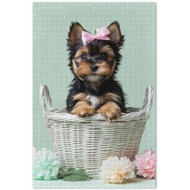 Imagem de Quebra-cabeça de cachorro Yorkshire Terrier fofo 1000 peças para adultos cenário floral arte personalizada cena de outono elefante branco presentes engraçados, 75 x 40 cm