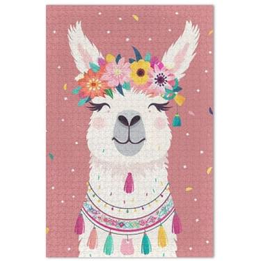Imagem de Quebra-cabeça rosa com flores de lhama sorridentes fofas, 500 peças, brinquedo de arte para adultos, para adultos, presentes