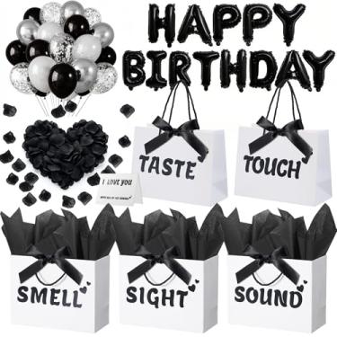 Imagem de Sacos de presente 5 sentidos para ele com etiquetas, 23 x 10 x 18 cm, kit de decorações de feliz aniversário com faixa, balões, pétalas de rosa, cartão para homens, mulheres, casamento, dia dos