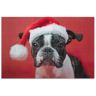 Imagem de Quebra-cabeças Boston Terrier com chapéu de Papai Noel, 1000 peças, presentes para amantes de quebra-cabeças, arte colorida