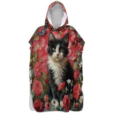 Imagem de Joisal Poncho de surfe trocador roupão adulto praia com capuz toalha de banho plus size masculino poncho com capuz flor gatinho gato