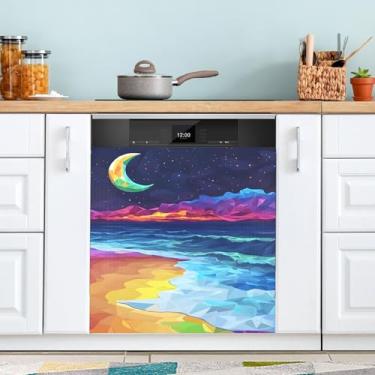 Imagem de Adesivo de máquina de lavar louça arco-íris praia lua ímã capa impermeável para lavadora e secadora capa decorativa 58 x 66 cm