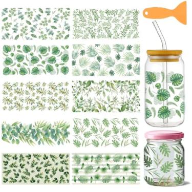 Imagem de GOMAKERER 10 folhas de folhas UV DTF para copos de vidro de 473 ml, adesivos de transferência UV DTF de folhas verdes de 10 x 23 cm, decalques de transferência à prova d'água para garrafas de vidro