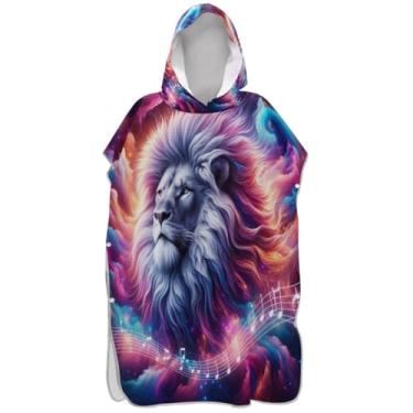 Imagem de Joisal Poncho de surfe colorido com desenho animado de leão para adulto trocador de roupa de praia com capuz toalha absorvente de natação poncho masculino com capuz