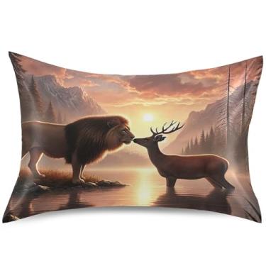 Imagem de Capa de almofada de cetim com estampa de cenário, estampa de veado leão, capa de travesseiro king queen padrão, presente de cama confortável, tamanho Queen, 76 cm x 50 cm