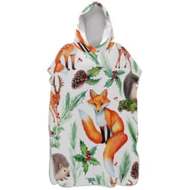 Imagem de Joisal Roupão de mudança de poncho de surfe plus size para toalhas de banho de praia com capuz animais fofos raposa cervo ouriço feminino ponchos com capuz