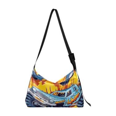 Imagem de Bolsa transversal de couro grande, papagaios em folhas de palmeira e flores, bolsa tiracolo feminina, Monster Truck em azul-1, One Size