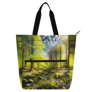 Imagem de GAIGEO Bolsa de trabalho floral verde com cenário de floresta de primavera para mulheres, bolsa de lona com zíper, bolsa de praia para professores, presente para amantes de livros