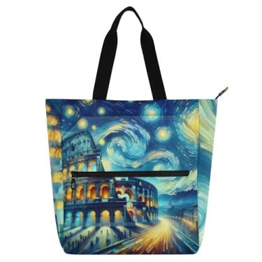 Imagem de GAIGEO Roman Colosseum Starry Night Tote feminina bolsa de trabalho de lona com zíper bolsa de praia infantil linda bolsa de mão com compartimentos