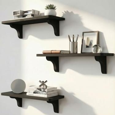Imagem de Prateleiras pretas de madeira real para parede - 43 cm (pacote com 3) - Fácil de instalar, modelo e vídeo incluídos - Prateleira de parede preta, prateleiras de parede montadas, prateleiras de quarto