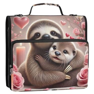Imagem de Sloth Family Cuddle Hearts 3 fichários anel D 1,5 polegada organizador de fichários escolares bolsa com alça de ombro tecido suporte para 500 folhas
