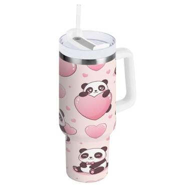 Imagem de Blueangle Copo isolado Pandas de 850 g com alça e tampa de palha, caneca de viagem reutilizável de aço inoxidável (505)