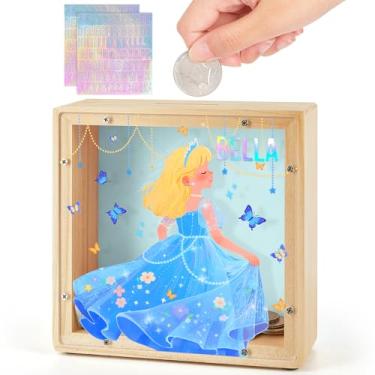 Imagem de Cofrinho para crianças, cofrinho de madeira para meninos e meninas, cofrinho de unicórnio de dinossauro com adesivos DIY para aniversário, presentes de Páscoa, roxo e azul