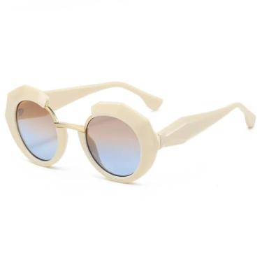 Imagem de Óculos de Sol Femininos com Armação Redonda e Estampa Degradê de Leopardo Retrô, Tendência Punk, Proteção UV400 (Bege/Azul Chá)