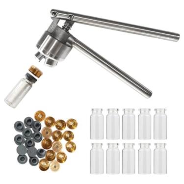 Imagem de Máquina de vedação manual do frasco de 20 mm da YaeTek + 10 x 10 ml frascos e tampas – ferramenta de crimpagem médica/tampa de garrafa/máquina de cortar garrafas antibióticos/máquina de bater à mão