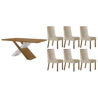 Imagem de Sala Jantar Mesa Imperatriz Tampo Curvo 180cm+6 Cadeiras Dakota Madeira Naturale/Off Wite - Capuccino/Suede Creme - Rufato