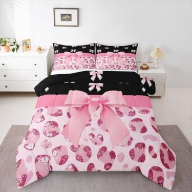 Imagem de Feelyou Conjunto de cama com laço rosa macio para meninos e meninas, conjunto de edredom de leopardo com glitter, tamanho queen, fofo, edredom com laço de microfibra, estampa animal, decoração de