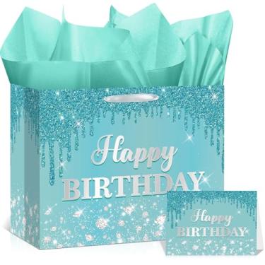 Imagem de Yoirrat Bolsa de presente de aniversário azul petróleo para meninas e mulheres grande com glitter, bolsa de feliz aniversário com papel de embrulho e cartão para princesa do gelo, presente de