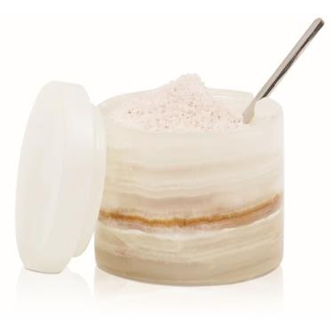 Imagem de SPESHSTONES Saleiro de mármore com tampa e colher de 7,6 cm feito à mão ônix branco pequenos recipientes de tempero - potes decorativos de especiarias, açucareiro e saleiro escamoso para armazenamento