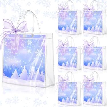 Imagem de Henoyso 24 sacos de presente transparentes de floco de neve, PVC, Natal, inverno, festas, lembrancinhas, sacolas de plástico para doces com alças e fita, 19 x 19 x 8 cm (roxo gradiente e azul, neve)