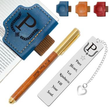 Imagem de Marcador de livro personalizado com suporte de caneta, conjunto de marcadores de livro de couro magnético personalizado com canetas de madeira personalizadas e marcador de livro de metal – para