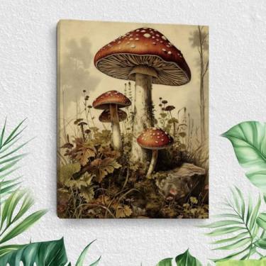Imagem de Arte de parede em tela de cogumelo vintage, pinturas de arte emolduradas de cogumelo, decoração de parede, imagens estéticas de casa de fazenda para cozinha, quarto, banheiro, decoração de casa