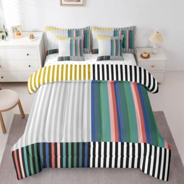 Imagem de Erosebridal Conjunto de edredom com blocos de cores, conjunto de cama casal com listras geométricas abstratas, moderno, multicolorido, elegante, para adultos, crianças, conjunto de cama xadrez