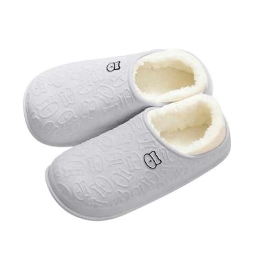 Imagem de Pantufas masculinas de inverno com bico fechado, forro de lã, casual, para uso interno e externo, Cinza, 40