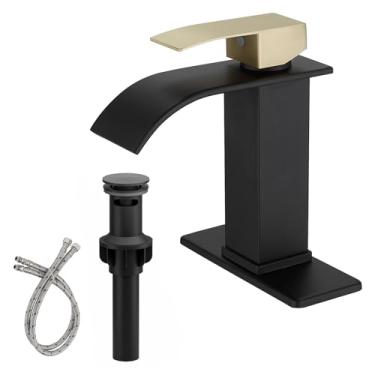 Imagem de BWE Torneira de banheiro preta e dourada para pia de 1 furo Torneira de cachoeira de aço inoxidável de alça única para pia de banheiro Vanity RV Lavatório Comercial com placa de tampa e tampa de drenagem pop up de metal