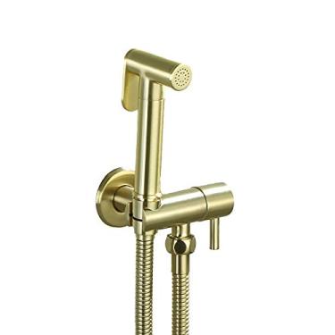 Imagem de Pulverizador de bidê portátil para vaso sanitário, conjunto de pulverizador de fraldas de pano de banheiro de latão montado na parede, ouro escovado, único, água fria, kit de pulverizador de bidê para