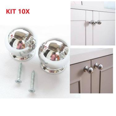 Imagem de Kit 10 Puxador Moveis Redondo Prata Luxo Gaveta Armario Ponto Bola Furo Unico Parafuso