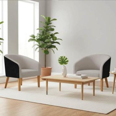 Imagem de Poltrona Sala Kit 2 Stella Pé Madeira Trapézio Sintético PU Preto Linh