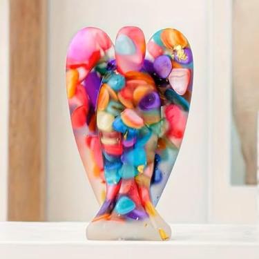 Imagem de 1 estátua de anjo da guarda de cristal de resina, feita com técnicas de epóxi, com arte de pedras preciosas coloridas, perfeita para decoração de casa