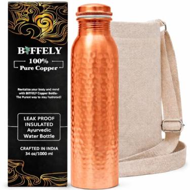Imagem de Garrafa de água de cobre de 100 ml – Garrafa de água de cobre 100% puro feito à mão para beber – Tampa à prova de vazamento, livre de BPA e ecológica, com qualidade premium para esportes e viagens