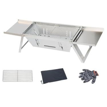 Imagem de Vroomoto Grelha Portátil para Churrasco, Acampamento, 3 Altura Ajustável, Aço Inoxidável, Dobrável, Fogão a Carvão, Com Luvas, Bolsa de Transporte (com prato de molho)