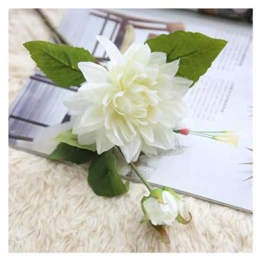 Imagem de Flores falsas simulação artificial de flores DIY buquê de flores de seda dália arranjo de flores casamento dália rosa casa festa decoração de mesa de casamento (branco leite)