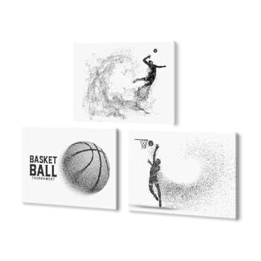 Imagem de Kpasnd 3 peças de arte preta e branca em tela de basquete arte de parede pôsteres esportivos para sala de estar quarto de crianças quarto banheiro escritório