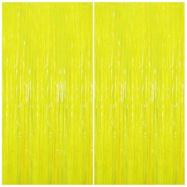 Imagem de 2 peças de artigos de festa que brilham no escuro, decorações de festa neon 99 x 198 cm, cortina de folha de fundo de macaron fluorescente amarelo pálido com borla, adequada para aniversário