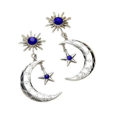 Imagem de Brincos De Estrela E Lua Retrô Em Ouro E Prata Com Pedras Sintéticas V