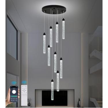 Imagem de Upfelw Lustre de escada de cristal, moderno preto espiral regulável LED cluster pingo de chuva lustre iluminação, lâmpada suspensa para sala de estar bolha 9 luzes controle remoto
