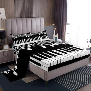 Imagem de Castle Fairy Jogo de lençol com tema musical, preto e branco, teclado de piano para crianças, adolescentes e adultos, conjunto de lençol com elástico, lençol com elástico, 2 fronhas tamanho casal 4