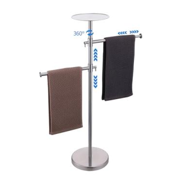 Imagem de Chiunikoo Toalheiro de pé com bandeja superior, suporte de toalha de chão para banheira - aço inoxidável escovado, barras ajustáveis duplas, rotação de 360°, extensível x 1
