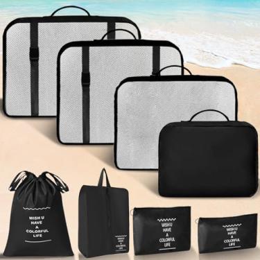 Imagem de 8 conjuntos de organizadores de bagagem essenciais para viagens e viagens, bolsa de lavanderia, bolsa de sapatos, bolsa de roupas e roupas íntimas (preto)
