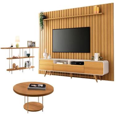 Imagem de Rack Bancada época Com Painel Ripado You 2.7 Com Mesa De Centro Sky E Aparador Infinity Cinamomo Off White - Hb Móveis