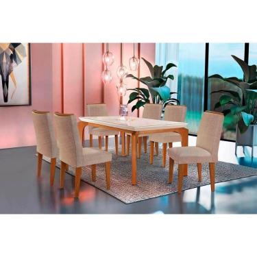 Imagem de Sala De Jantar Completa Londrina Tampo Madeirado C/ Vidro 180Cm + 6 Cadeiras Lunara Imbuia/Bege