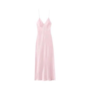 Imagem de Vestido Maxi Feminino De Cetim Com Decote V E Costas Abertas, Solto E 