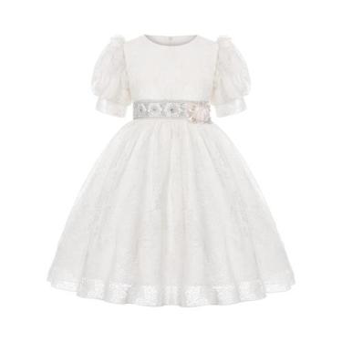 Imagem de Vestido De Princesa Branco Com Laço Floral E Cinto Para Dama De Honra,