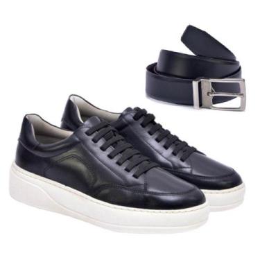 Imagem de Kit Tênis Casual Ferrara 100% Couro Legítimo+ Cinto, Preto, 39